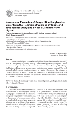 Unexpected Formation of Copper Dimethylglyoxime Dimer from the Reaction of Cuprous Chloride and Tetradentate Buthylene-Bridged D