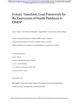 Extract, Transform, Load Framework for the Conversion of Health Databases to OMOP