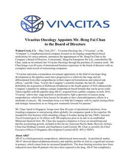 Vivacitas Oncology Appoints Mr. Heng Fai Chan to the Board of Directors