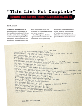 “This List Not Complete” Minnesota’S Jewish Resistance to the Silver Legion of America, 1936–1940