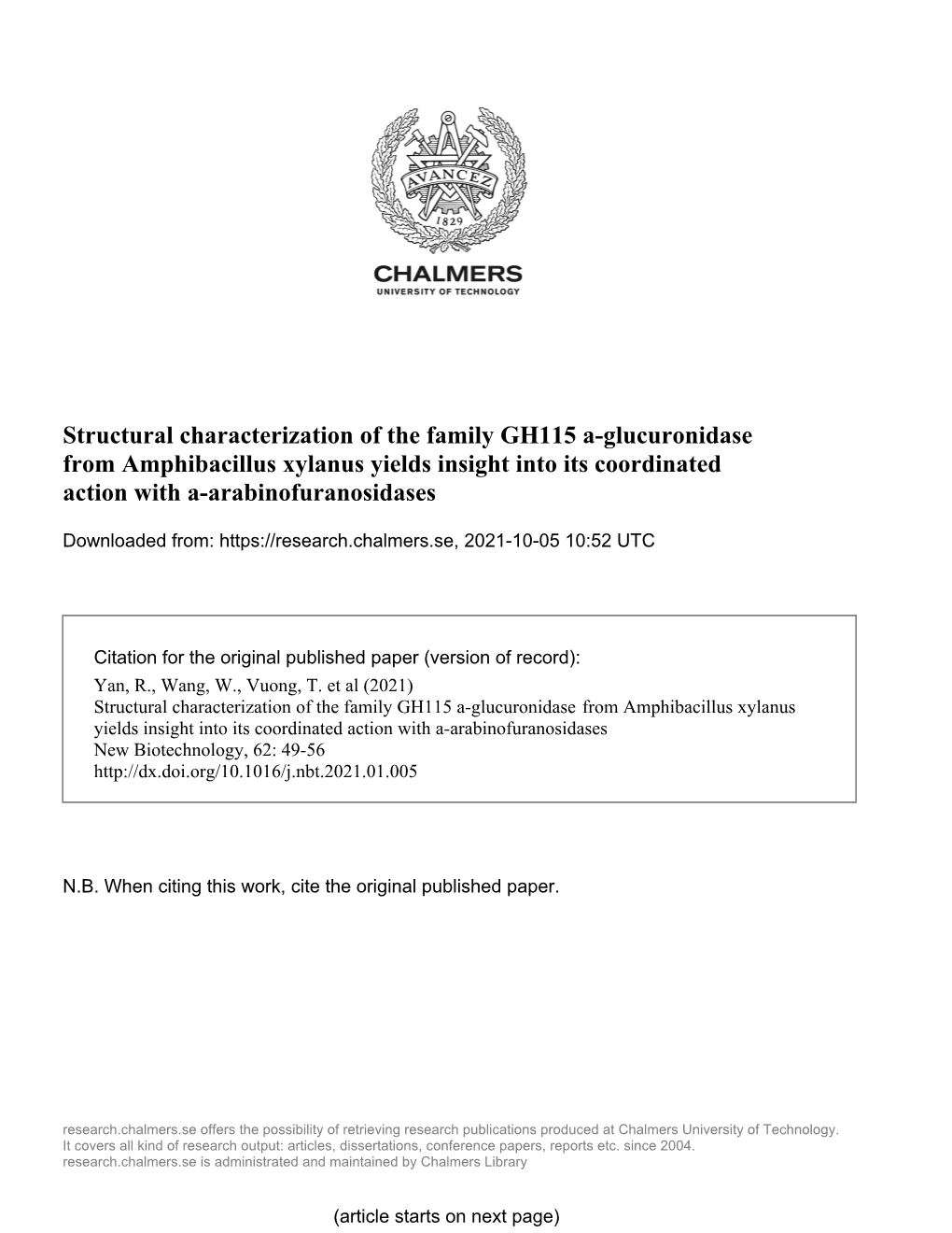 Structural Characterization of the Family GH115 ±-Glucuronidase from Amphibacillus Xylanus Yields Insight Into Its Coordinated