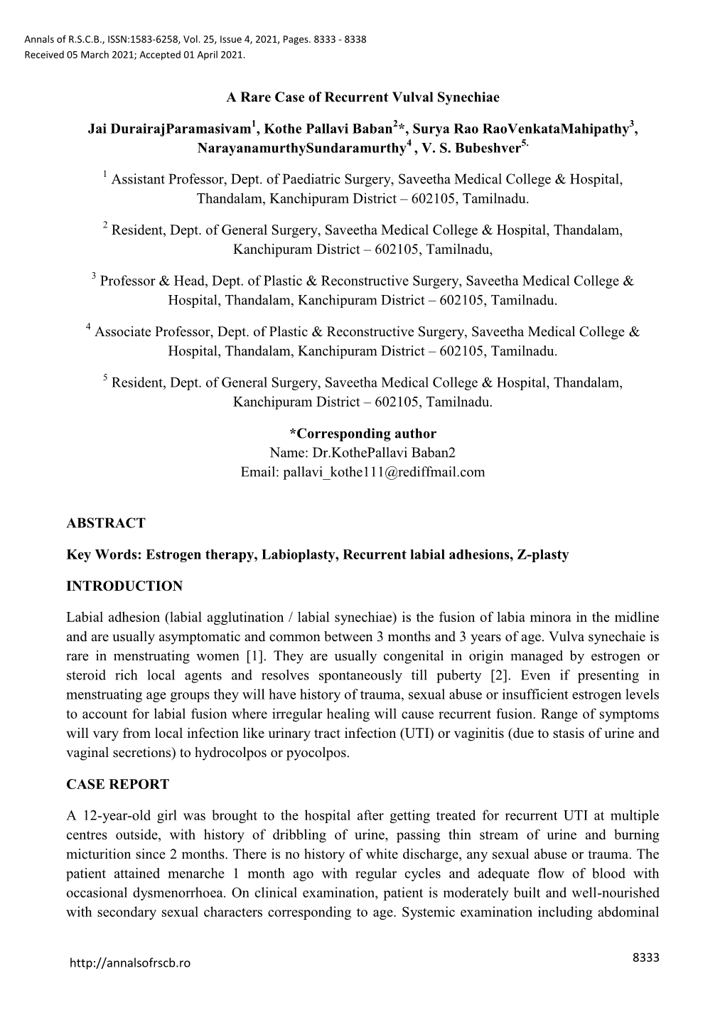 A Rare Case of Recurrent Vulval Synechiae Jai Durairajparamasivam