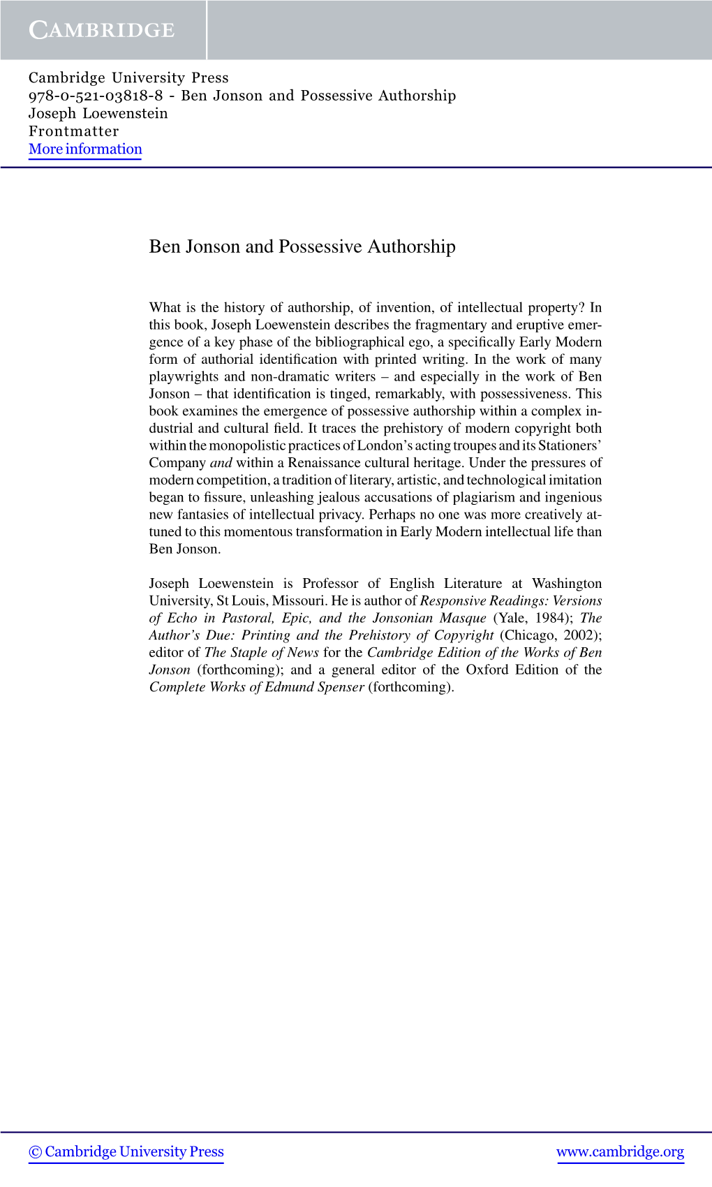 Ben Jonson and Possessive Authorship Joseph Loewenstein Frontmatter More Information