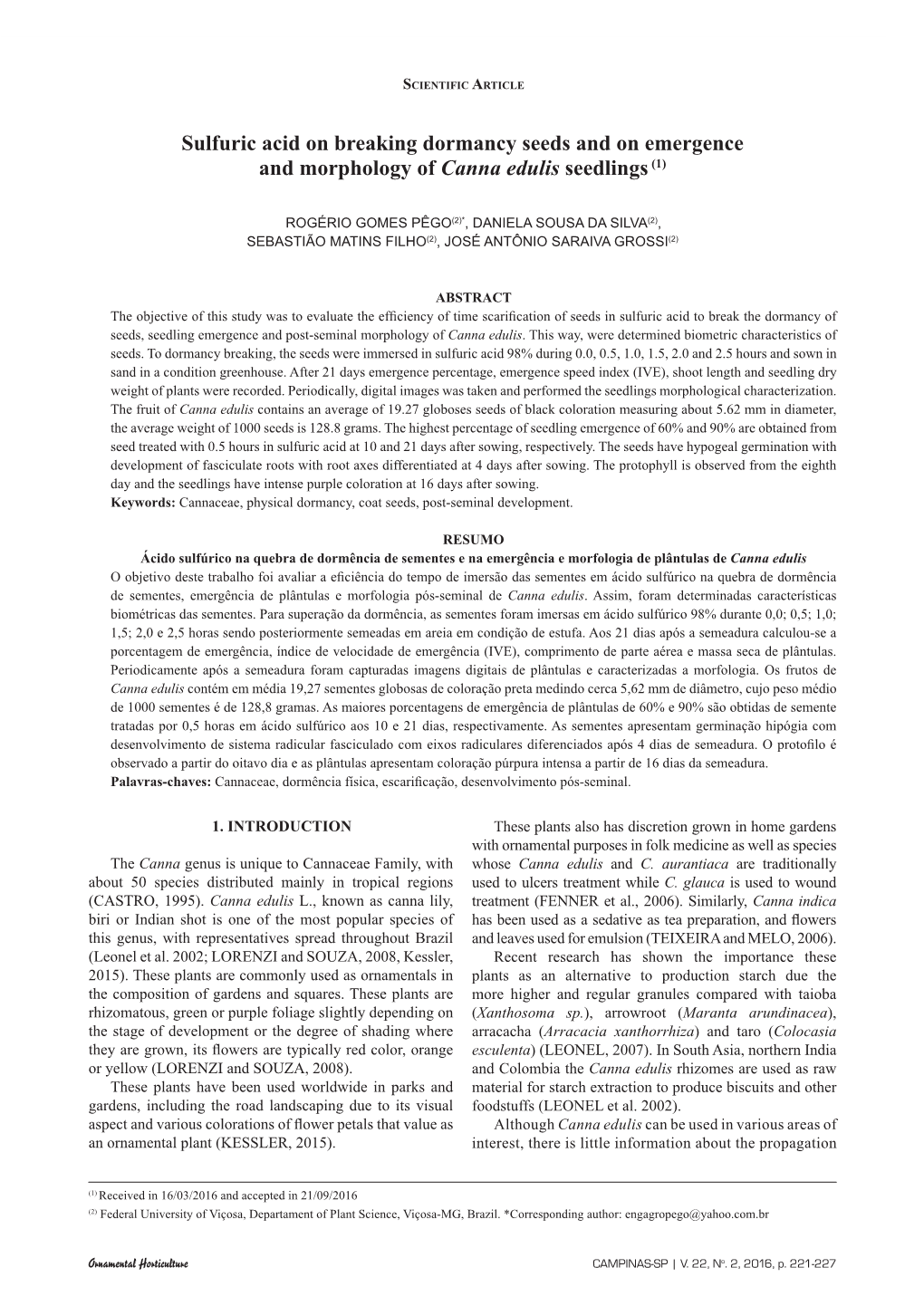 Sulfuric Acid on Breaking Dormancy Seeds and on Emergence and Morphology of Canna Edulis Seedlings (1)