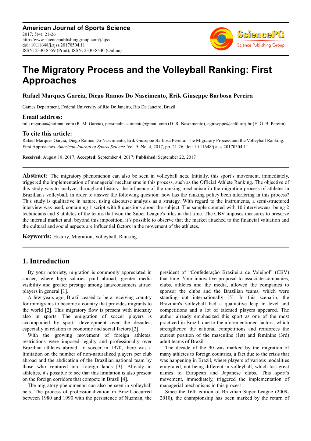 The Migratory Process and the Volleyball Ranking: First Approaches