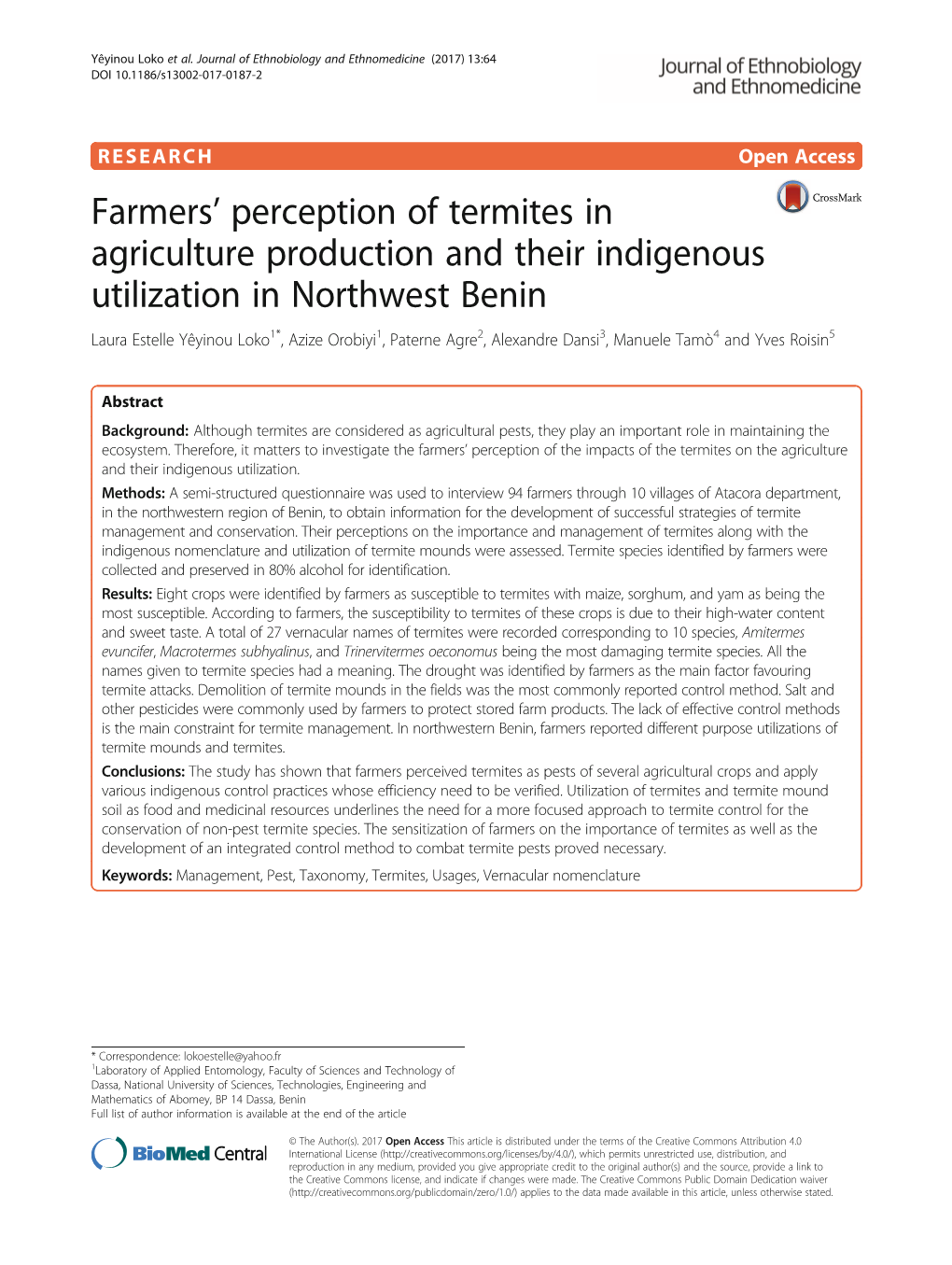 Farmers' Perception of Termites in Agriculture Production and Their