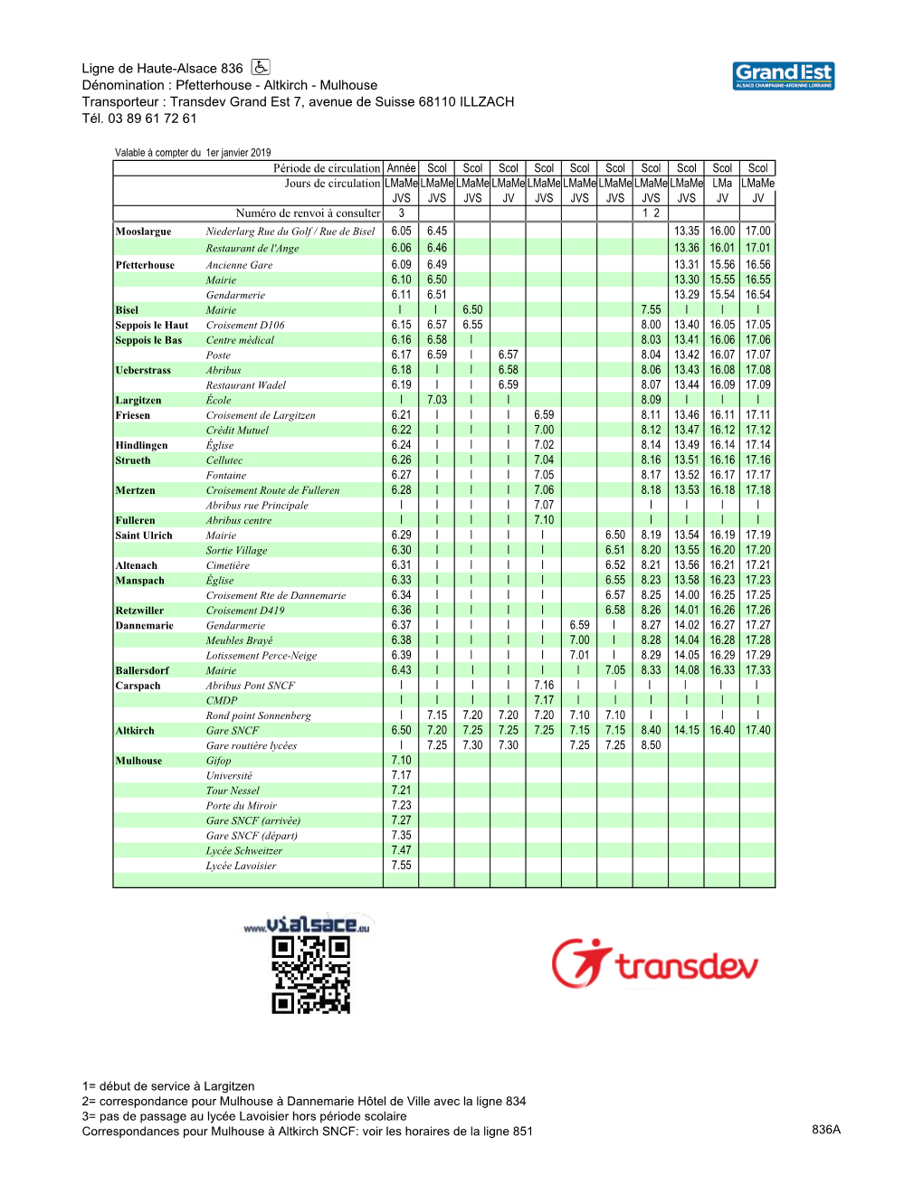 Pfetterhouse - Altkirch - Mulhouse Transporteur : Transdev Grand Est 7, Avenue De Suisse 68110 ILLZACH Tél