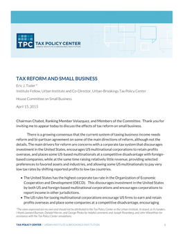 TAX REFORM and SMALL BUSINESS Eric J