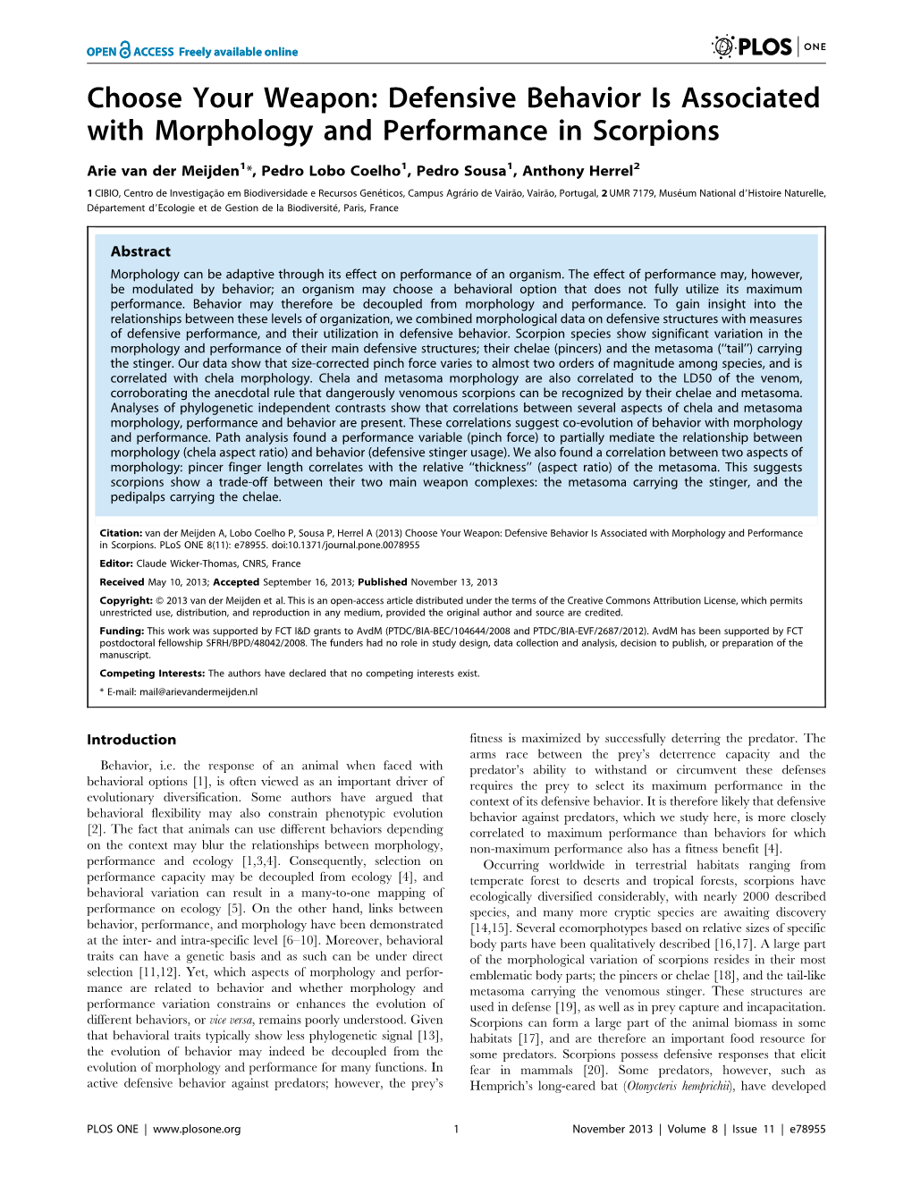 Defensive Behavior Is Associated with Morphology and Performance in Scorpions