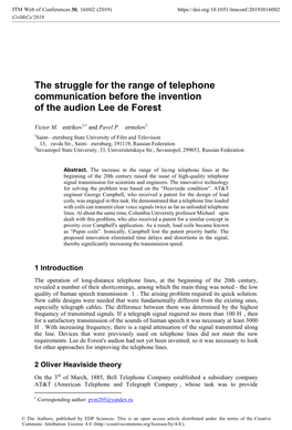 The Struggle for the Range of Telephone Communication Before the Invention of the Audion Lee De Forest