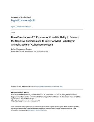 Brain Penetration of Tolfenamic Acid and Its Ability to Enhance the Cognitive Functions and to Lower Amyloid Pathology in Animal Models of Alzheimer's Disease