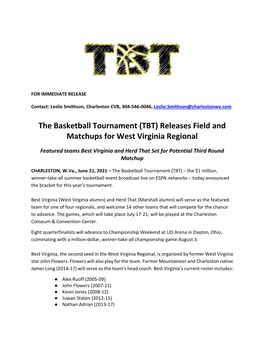 The Basketball Tournament (TBT) Releases Field and Matchups for West Virginia Regional