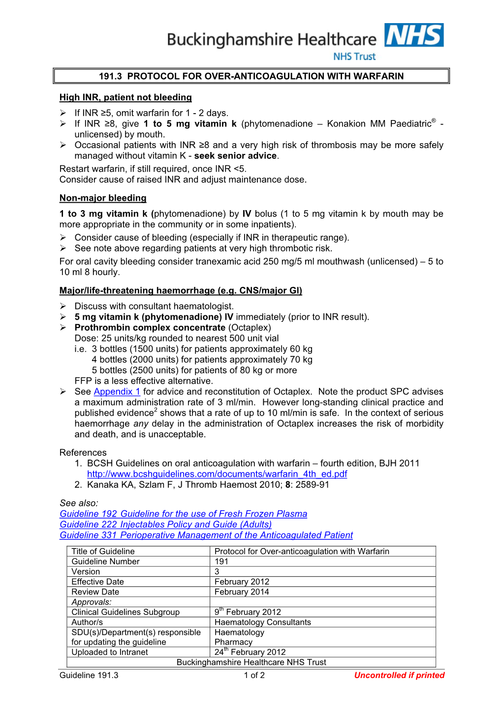 191.3 Protocol for Over-Anticoagulation with Warfarin