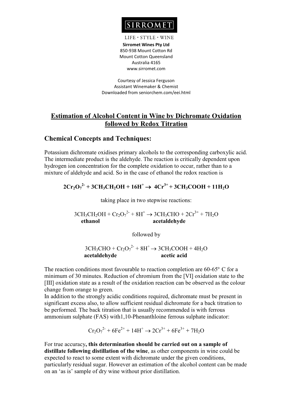 Estimation of Alcohol Content in Wine by Dichromate Oxidation Followed by Redox Titration