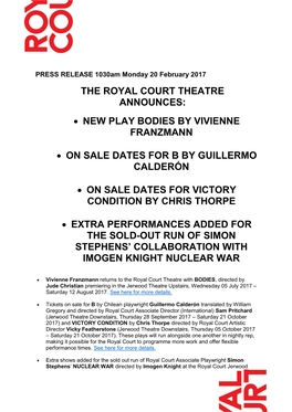 The Royal Court Theatre Announces: • New Play