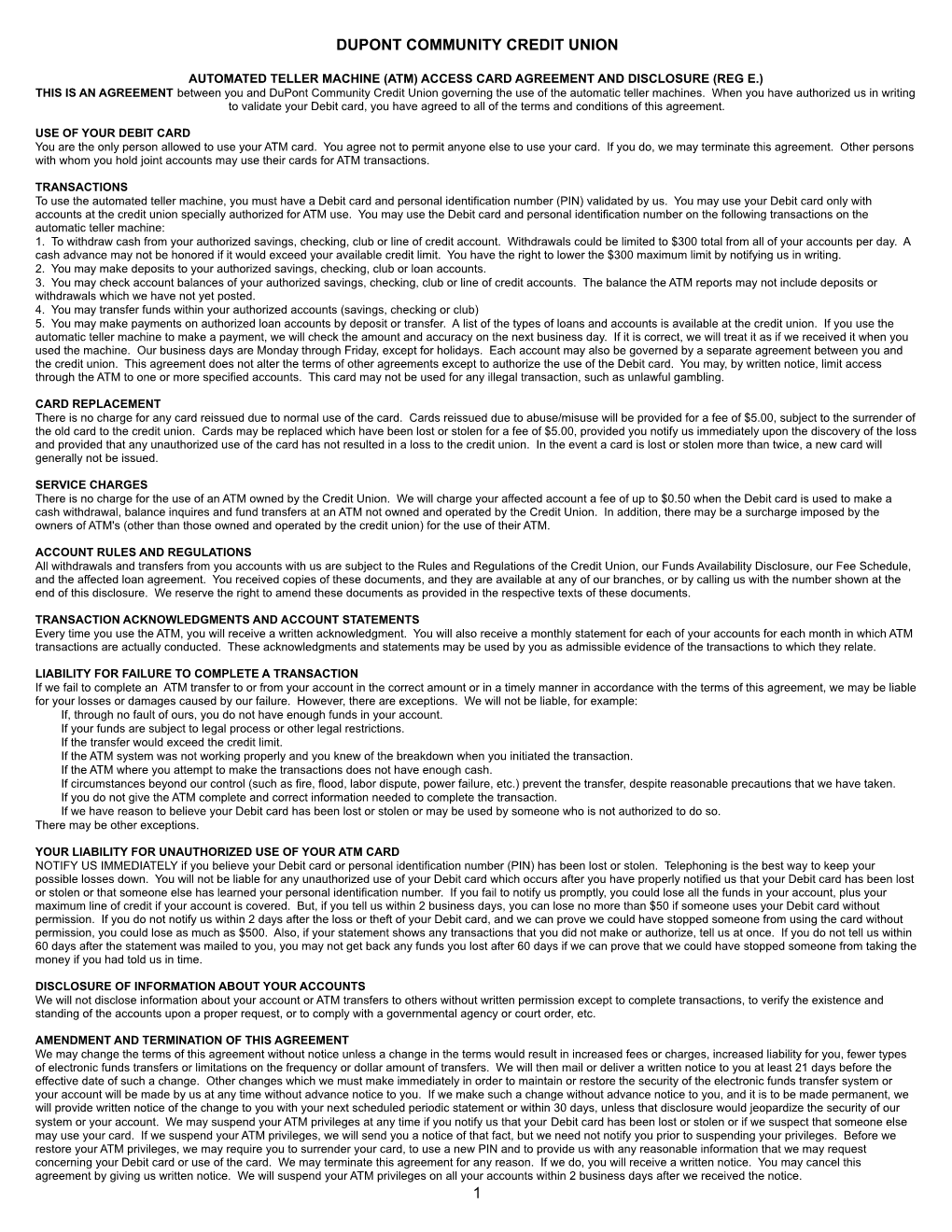 ATM Access and Debit Disclosures