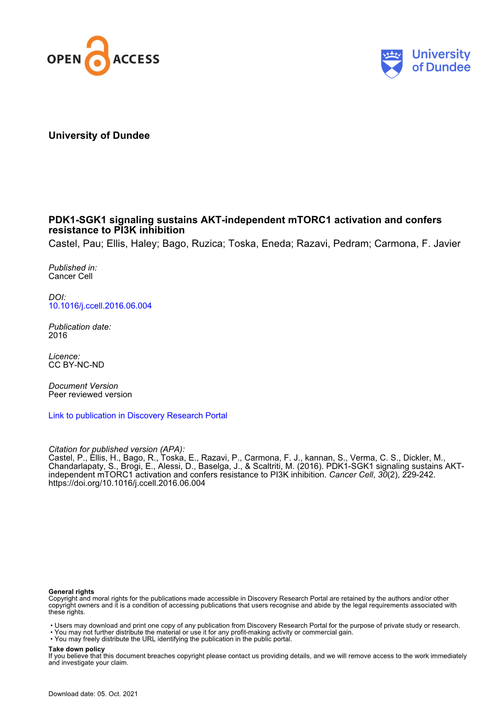 University of Dundee PDK1-SGK1 Signaling Sustains AKT