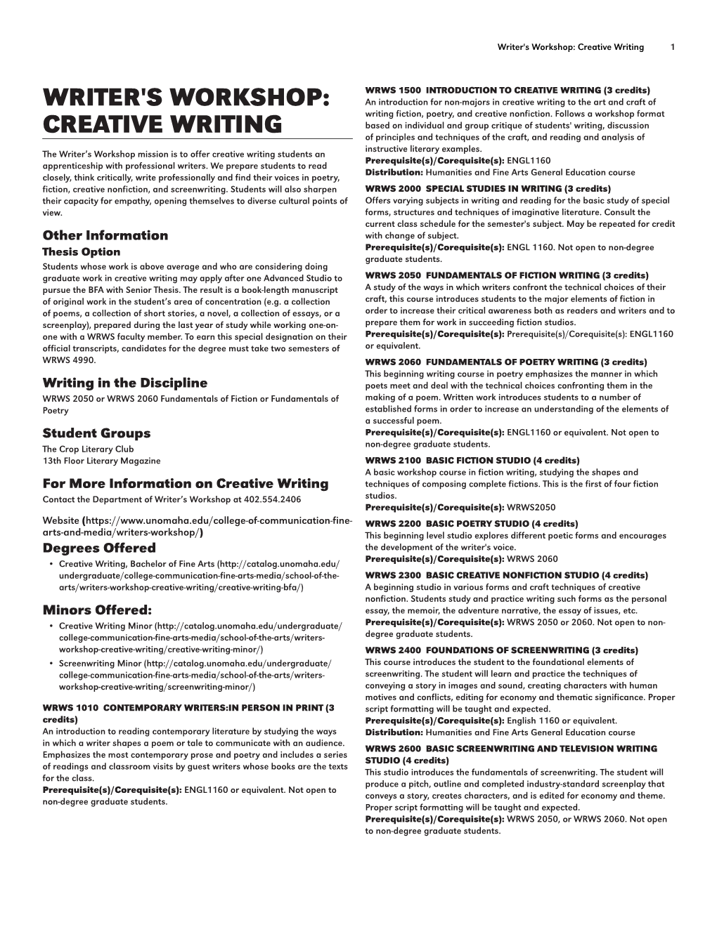 Writer's Workshop: Creative Writing 1