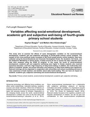 Variables Affecting Social-Emotional Development, Academic Grit and Subjective Well-Being of Fourth-Grade Primary School Students
