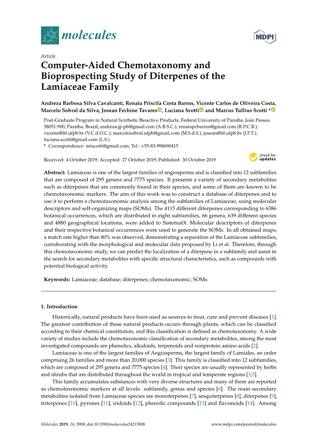 Computer-Aided Chemotaxonomy and Bioprospecting Study of Diterpenes of the Lamiaceae Family