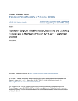 Transfer of Sorghum, Millet Production, Processing and Marketing Technologies in Mali Quarterly Report July 1, 2011 – September 30, 2011