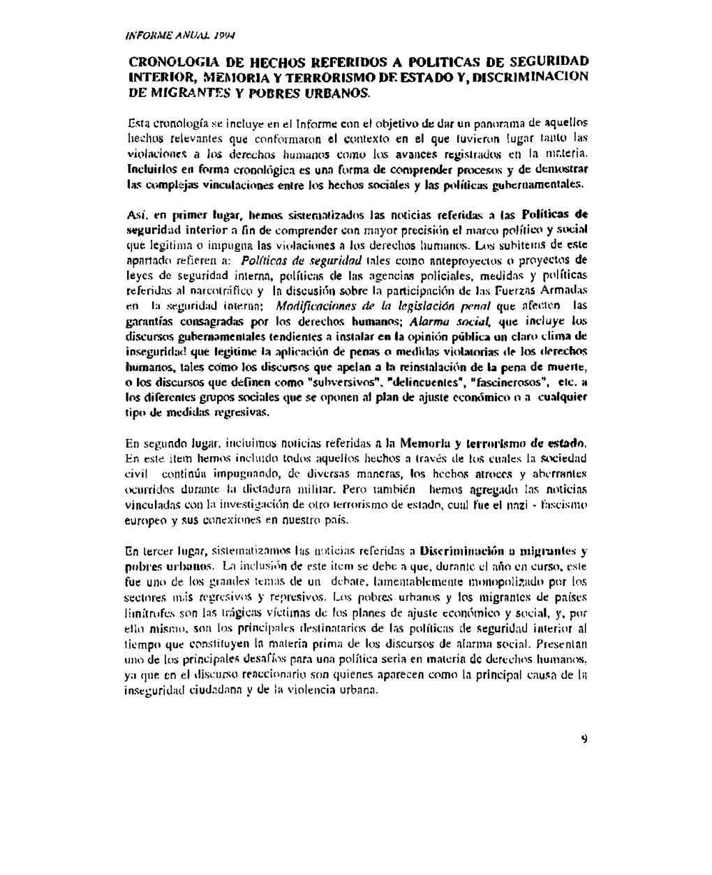 Cronologia De Hechos Referidos a Politicas De Seguridad Interior, Memoria Y Terrorismo De Estado Y, Discriminacion De Migrantes Y Pobres Urbanos