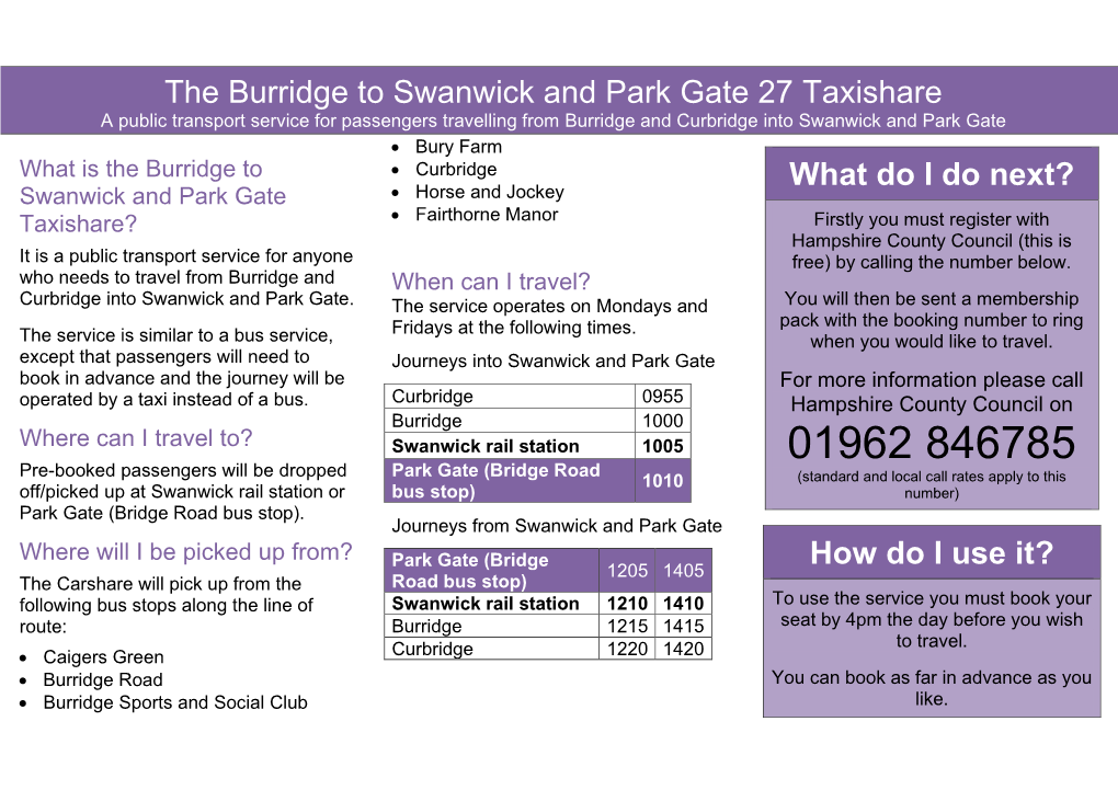 G251 Burridge to Swanwick and Park Gate 27 Taxishare Leaflet