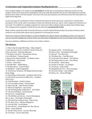 11Literature and Composition Summer Reading Book List 2021