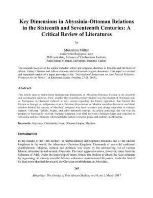 Key Dimensions in Abyssinia-Ottoman Relations in the Sixteenth and Seventeenth Centuries: a Critical Review of Literatures
