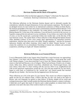 1 Disaster Anarchism: Hurricane Katrina and the Shock of Recognition [This Is a Final Draft of the Text That Later Appeared As C