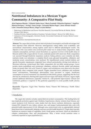 Nutritional Imbalances in a Mexican Vegan Community: a Comparative Pilot Study