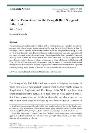 Islamic Esotericism in the Bengali Bāul Songs of Lālan Fakir Keith Cantú Kecantu@Ucsb.Edu