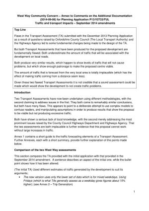 Annex to Comments on the Additional Documentation (2014-09-08) for Planning Application P13/V2733/FUL Traffic and Transport Impacts – September 2014 Amendments