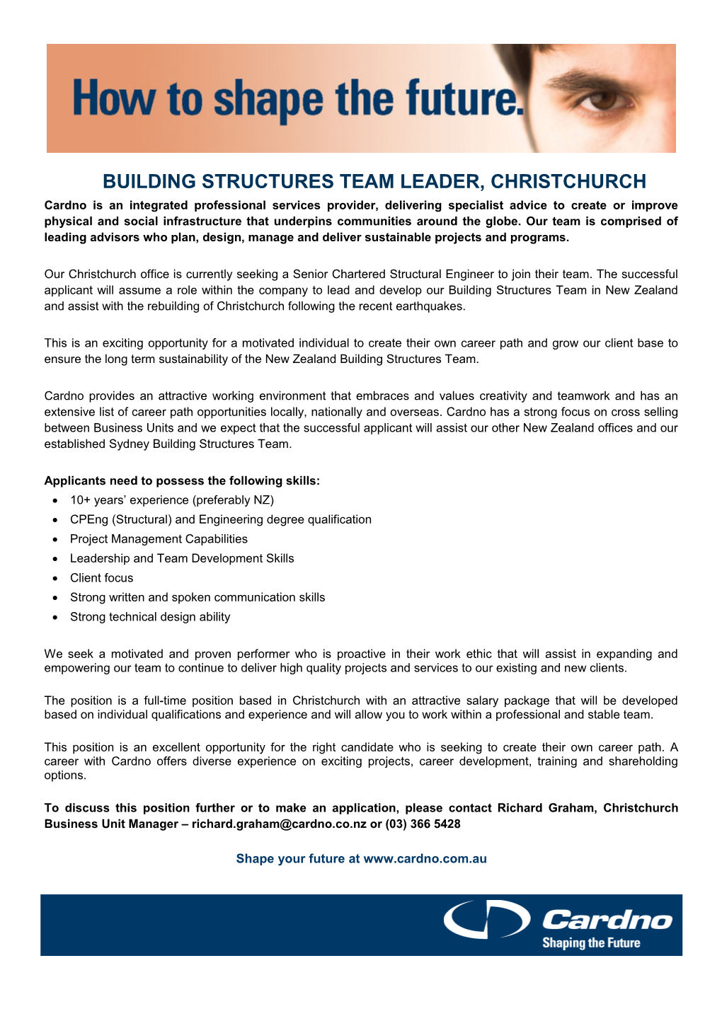 Building Structures Team Leader, Christchurch