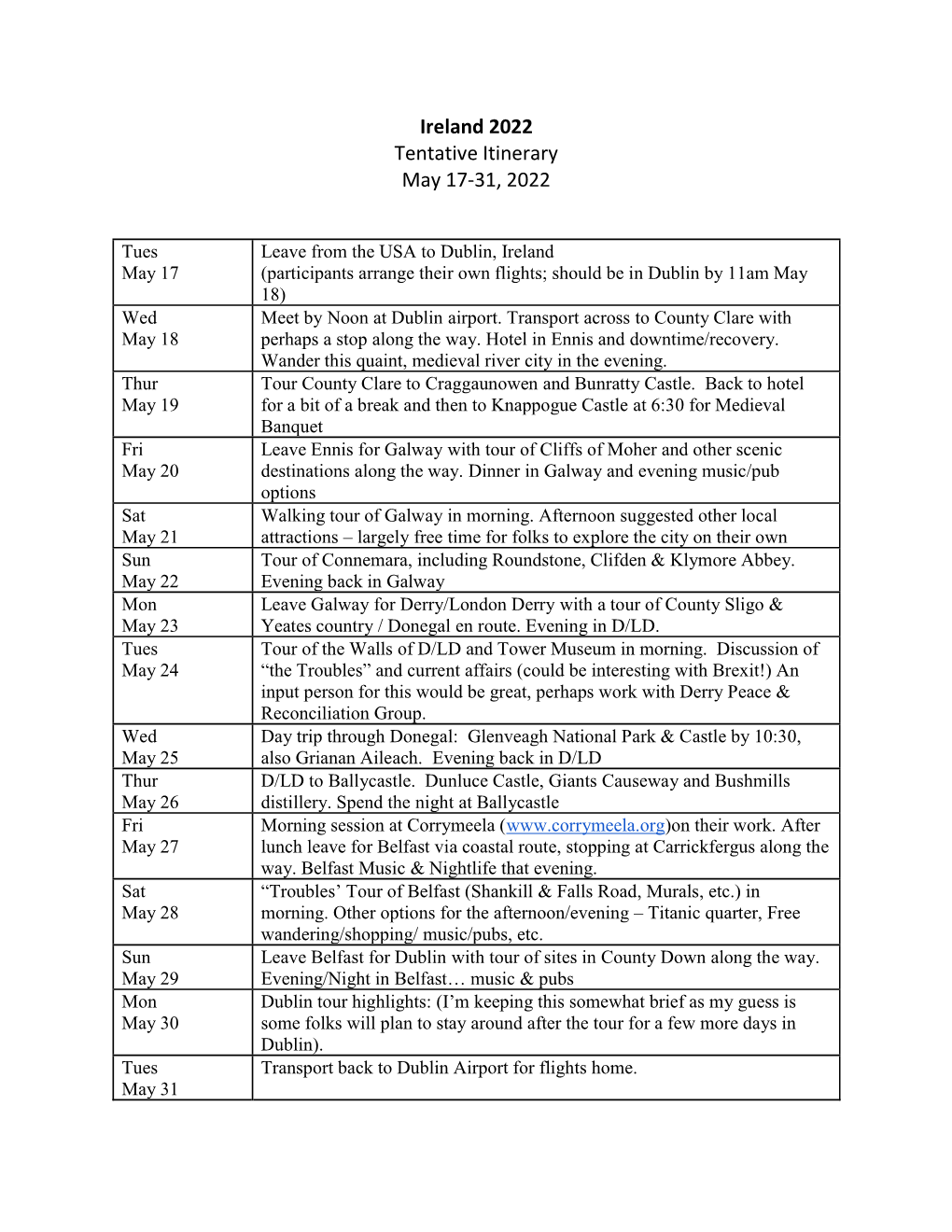 Ireland 2022 Tentative Itinerary May 17-31, 2022