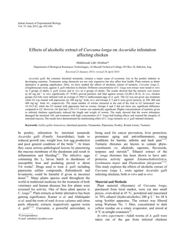 Effects of Alcoholic Extract of Curcuma Longa on Ascaridia Infestation Affecting Chicken