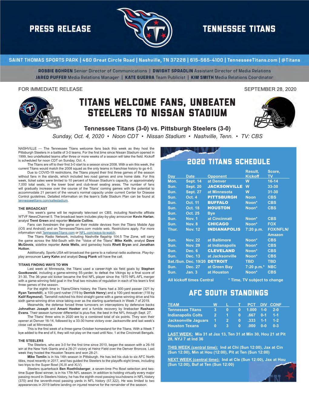 Titans Welcome Fans, Unbeaten Steelers to Nissan Stadium