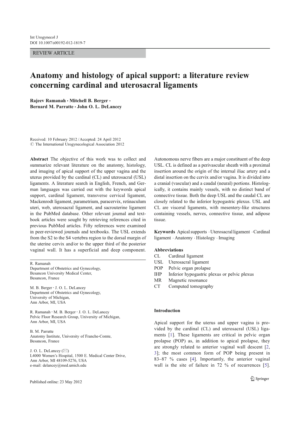 Anatomy and Histology of Apical Support: a Literature Review Concerning Cardinal and Uterosacral Ligaments