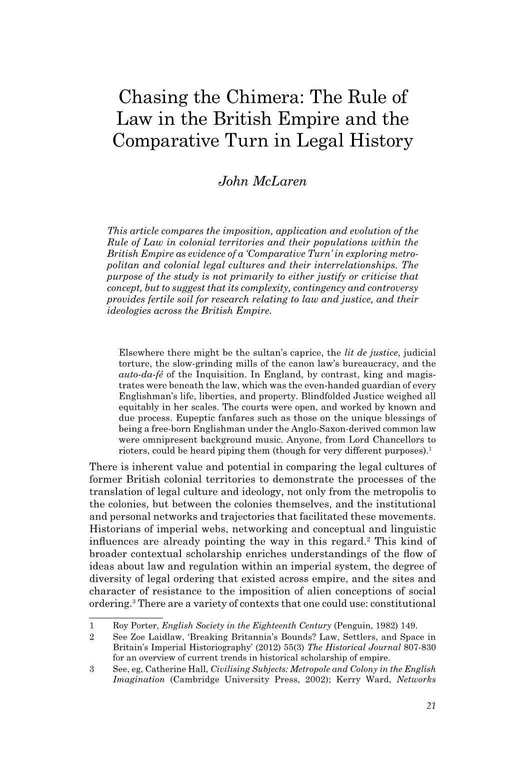 Chasing the Chimera: the Rule of Law in the British Empire and the Comparative Turn in Legal History