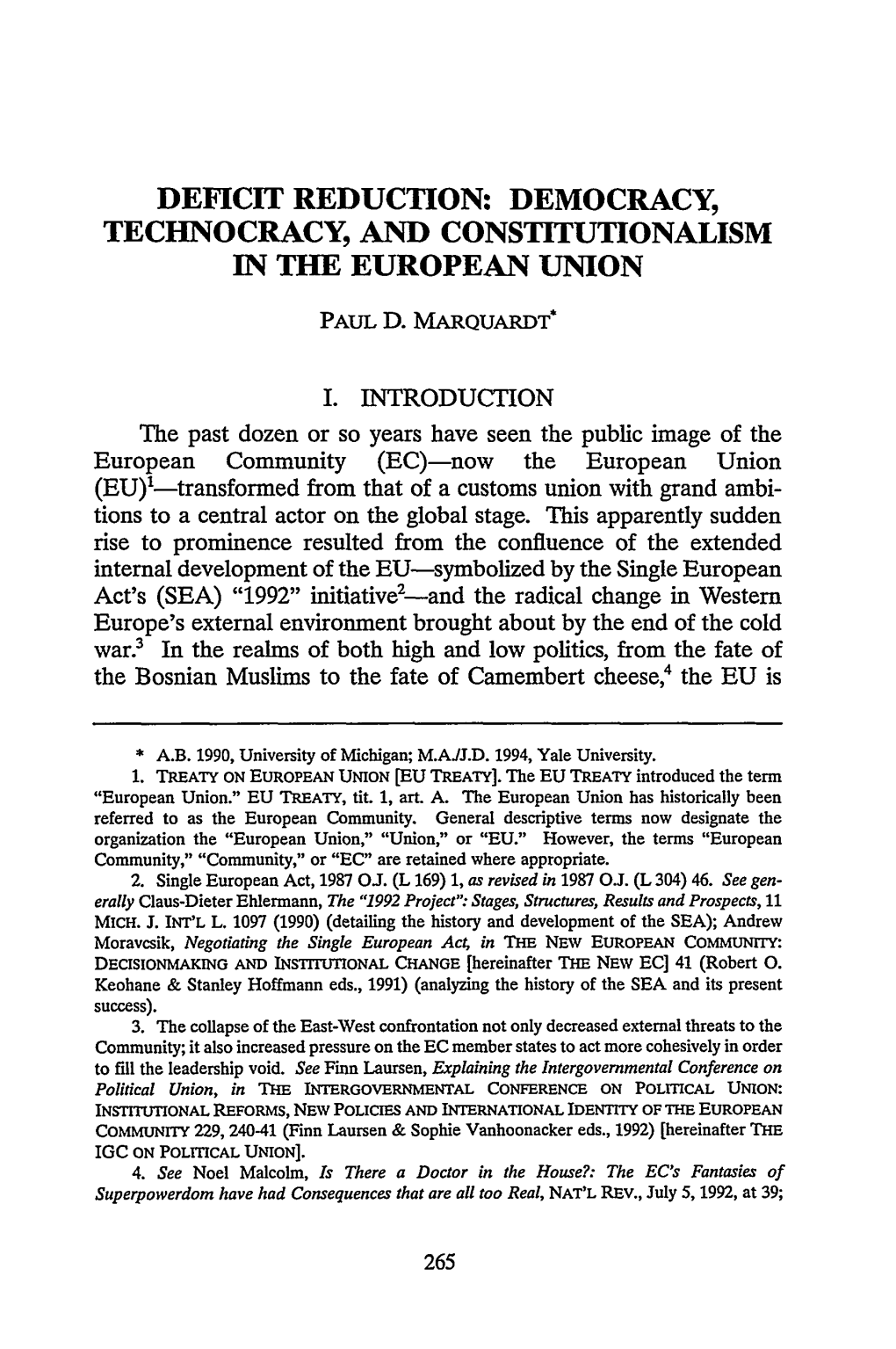 Deficit Reduction: Democracy, Technocracy, and Constitutionalism in the European Union