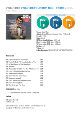 Dean Martin Dean Martin's Greatest Hits! - Volume 1 Mp3, Flac, Wma