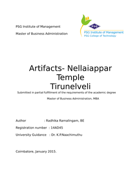 Artifacts- Nellaiappar Temple Tirunelveli Submitted in Partial Fulfillment of the Requirements of the Academic Degree