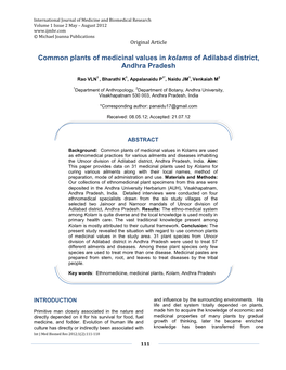 Common Plants of Medicinal Values in Kolams of Adilabad District, Andhra Pradesh