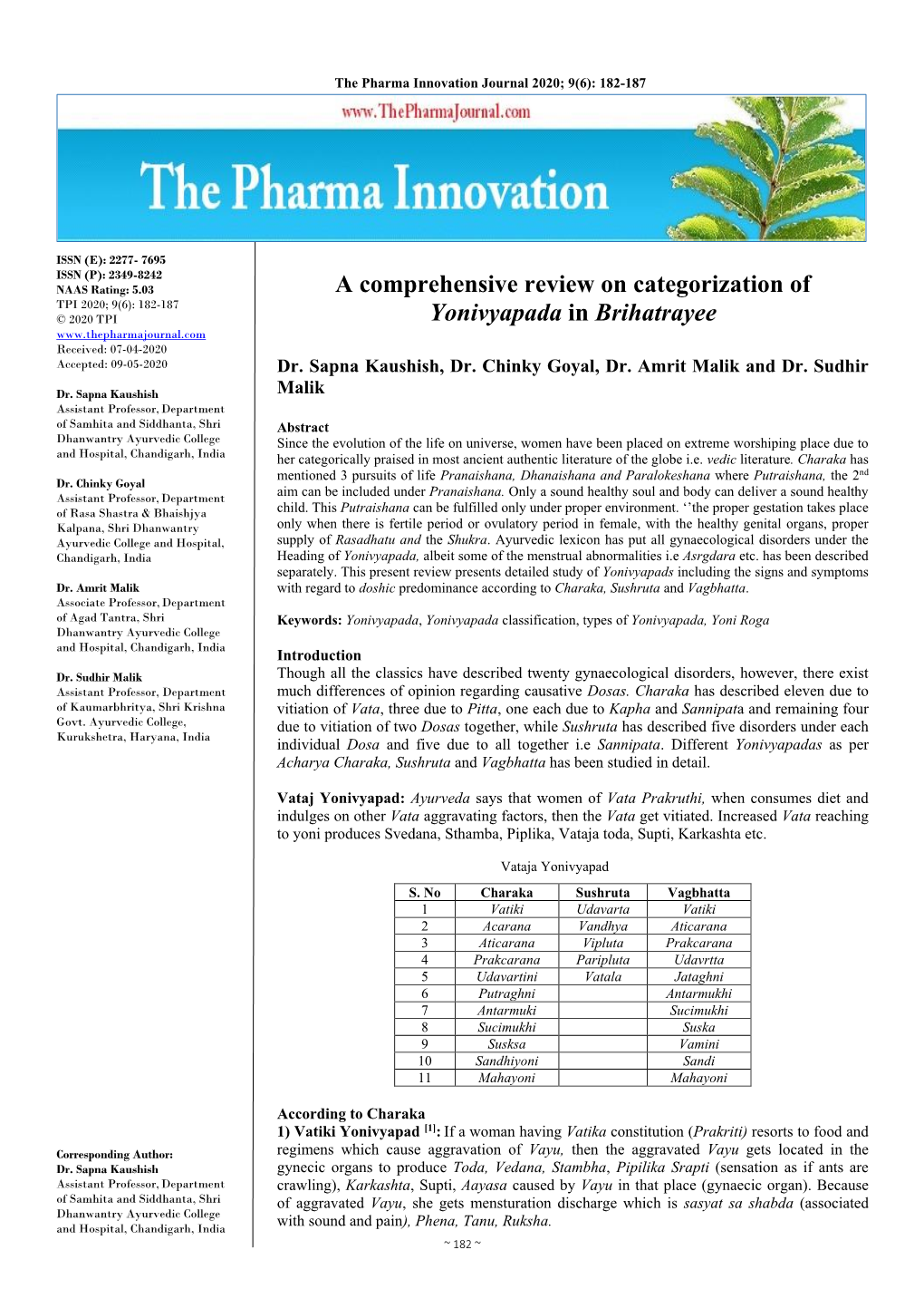 A Comprehensive Review on Categorization of Yonivyapada In