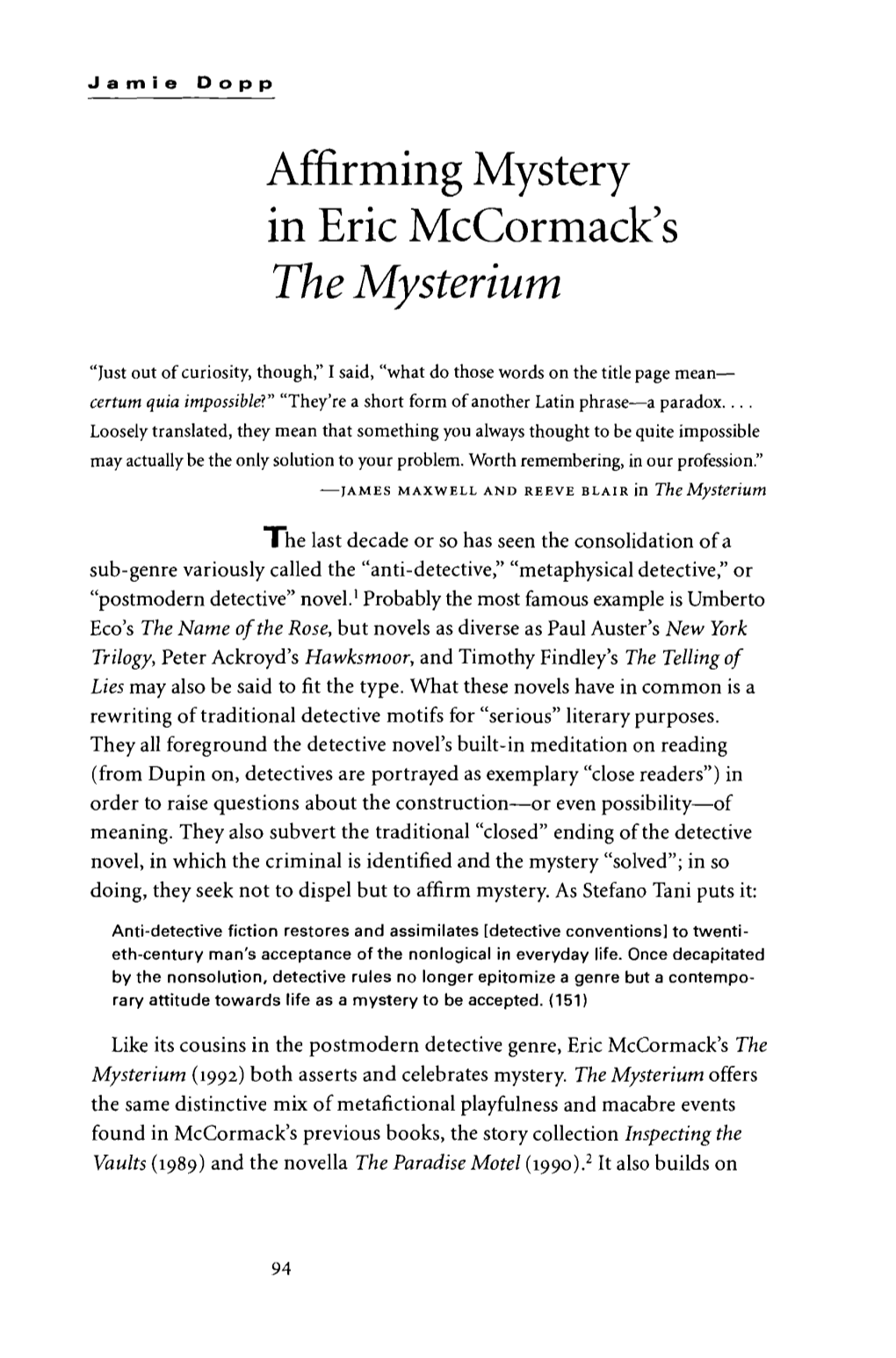 Affirming Mystery in Eric Mccormack's the Mysterium