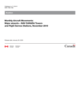 Monthly Aircraft Movements: Major Airports – NAV CANADA Towers and Flight Service Stations, November 2019