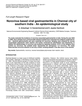 Norovirus Based Viral Gastroenteritis in Chennai City of Southern India - an Epidemiological Study