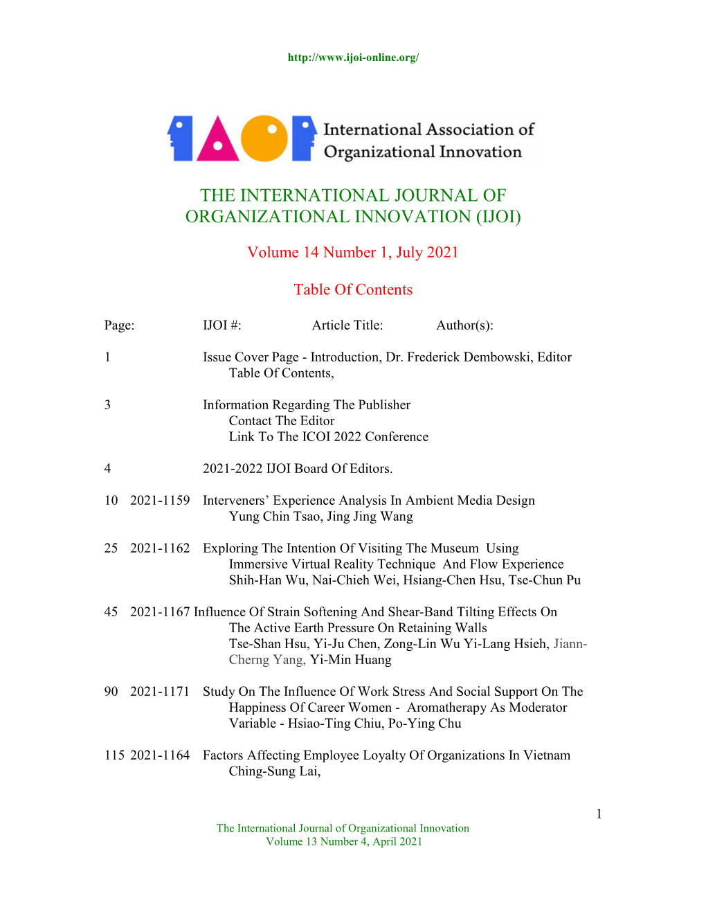 The International Journal of Organizational Innovation (Ijoi)
