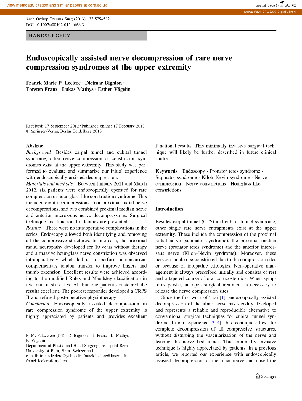 Endoscopically Assisted Nerve Decompression of Rare Nerve Compression Syndromes at the Upper Extremity