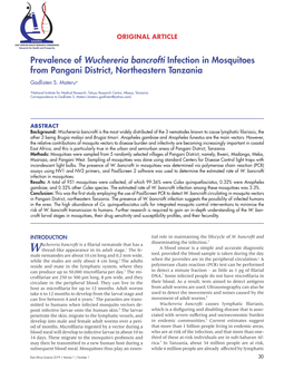 Prevalence of Wuchereria Bancrofti Infection in Mosquitoes from Pangani District, Northeastern Tanzania Godlisten S